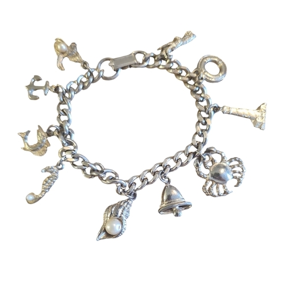 Chunky Charm Bracelet, Vintage Nautical Ocean Vacation Theme, Silvertone - Picture 8 of 8